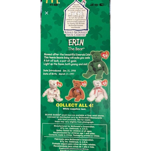 TY McDonalds Beanie Baby Erin Maple Britannia Glory the Bear1999 FULL Set of 4 - Picture 3 of 12